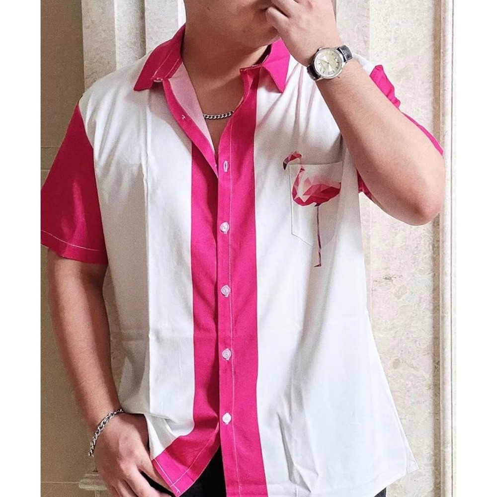 Hardaddy Mens Button Up Shirt 3XL White Pink Flamingo Geometric Bowling Style